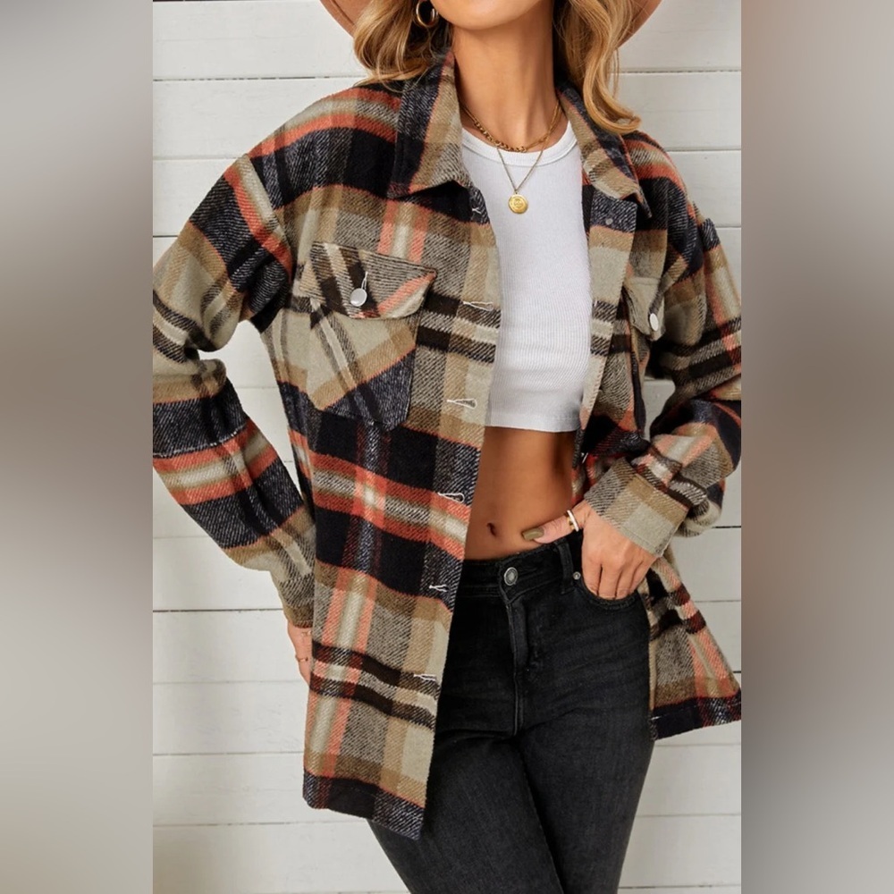 Source Unknown Plaid Button-Down Shacket in Black, Tan & Orange - Picture 4 of 4